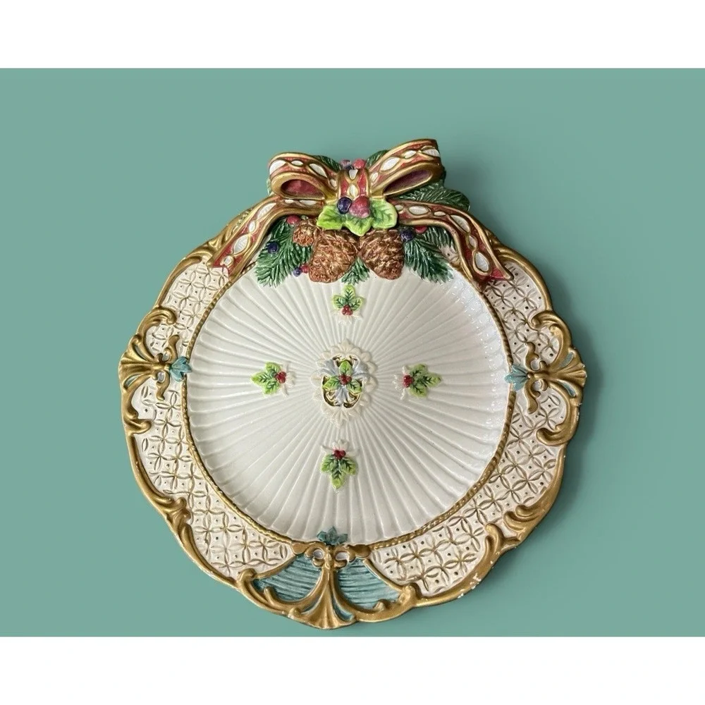 Fitz & Floyd Classics Florentine Canape Snack Plate Christmas Holly Bow Pinecone